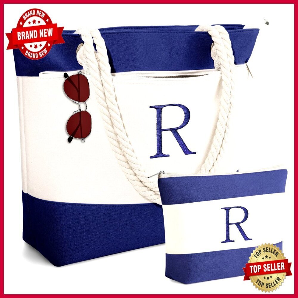 Large Waterproof Canvas Tote Bag with Zipper Pockets for Beach Travel